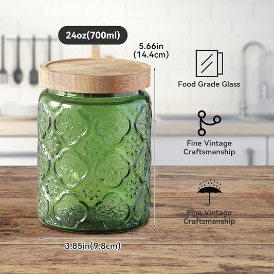 Vintage Glass Jar with Lid,Cookie Candy Jar Coffee Canister Food Storage Containers Storage Jar Set for Kitchen Office (Green birchapple flowers - acacia)