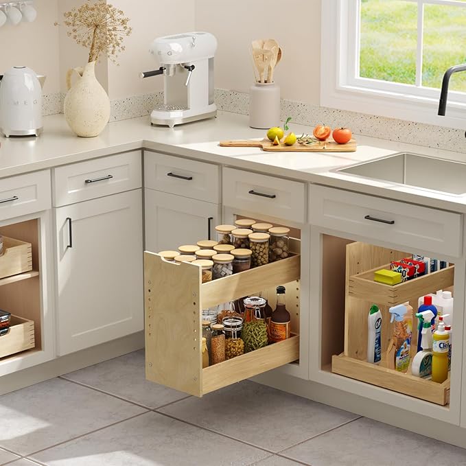 LOVMOR Adjustable Pull Out Cabinet Organizer 13½” W x 18½”H 2-Tier Narrow Cabinet Drawers Slide Out with Soft Close Wood Spice Rack for Narrow Cabinet