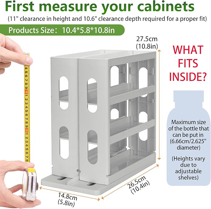 Spice Rack Organizer 3 tier Seasoning Holder, Pull and Rotated Storage Cabinet for Kitchen Bathroom Countertop 10.8”H x 5.8”W x 10.4”D (Advance Gray)