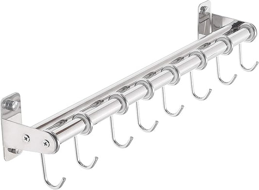 DSEAP Pot Rack - Pots and Pans Hanging Rack with 8 Hooks, Double Bars, Wall Mounted, Chromed