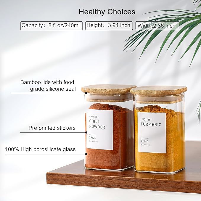 12Pcs Glass Spice Jars with Bamboo Airtight Lids, 8oz Spice Containers with 340 Preprinted Spice Labels of White and Black Color, Empty Seasoning Containers for Spice Salt Sugar Herb