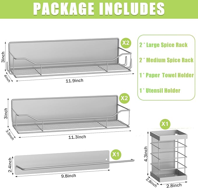 Magnetic Spice Rack for Refrigerator, 6 Pack Strong Magnet Spice Organizer with Paper Towel Holder, Utensil Holder, Moveable Magnetic Fridge Shelf for Kitchen Organization and Storage (Grey)