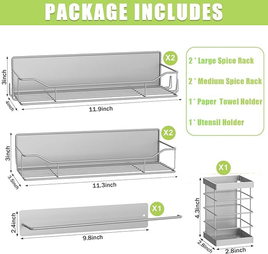 Magnetic Spice Rack for Refrigerator, 6 Pack Strong Magnet Spice Organizer with Paper Towel Holder, Utensil Holder, Moveable Magnetic Fridge Shelf for Kitchen Organization and Storage (Grey)