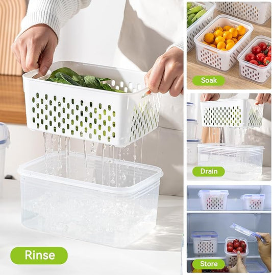 6 Pack Fruit Storage Containers for Fridge, Airtight Food Storage Containers with Removable Colander, Produce Saver Organizers Storage for Refrigerator, Keep Fruit Vegetable Meat Berry Fresh Longer