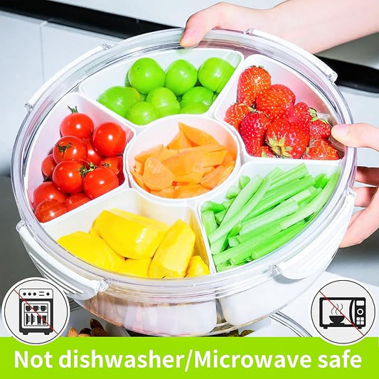 2 Pack Veggie Tray with Lid for Fridge, Clear Divided Serving Tray with Dip Snackle Box Container 6-Compartment Snack Storage for Party, Reusable Dinner Fruit Platter for Refrigerator Organizer Bins