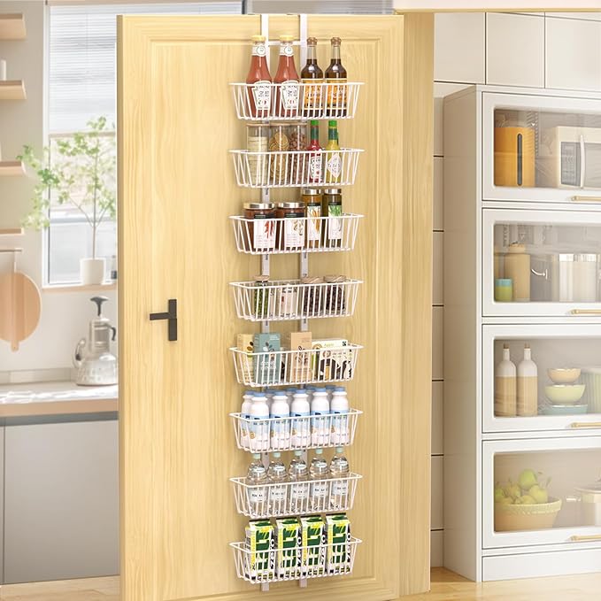8 Tier Over the Door Pantry Organizer, Over the Door Spice Rack with Adjustable Baskets, Metal Hanging Door Pantry Organizers and Storage for Kitchen Bathroom Bedroom, White