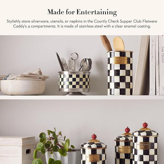 MACKENZIE-CHILDS Courtly Check Supper Club Flatware Storage Caddy, Kitchen Utensil Organizer for Silverware and Napkins