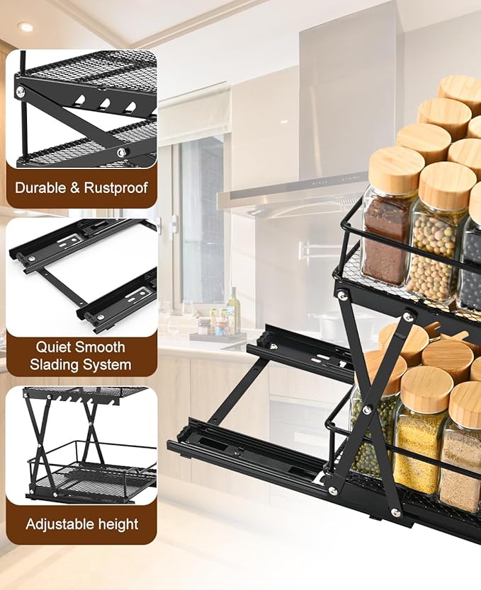 Sliding Spice Rack Organizer for Cabinet, 2-Tier Spice Cabinet Pull Out Rack, Adjustable Height Kitchen Sliding Racks for Cabinets, 6.2”-11.8”H × 8.2”W x 9.8”D