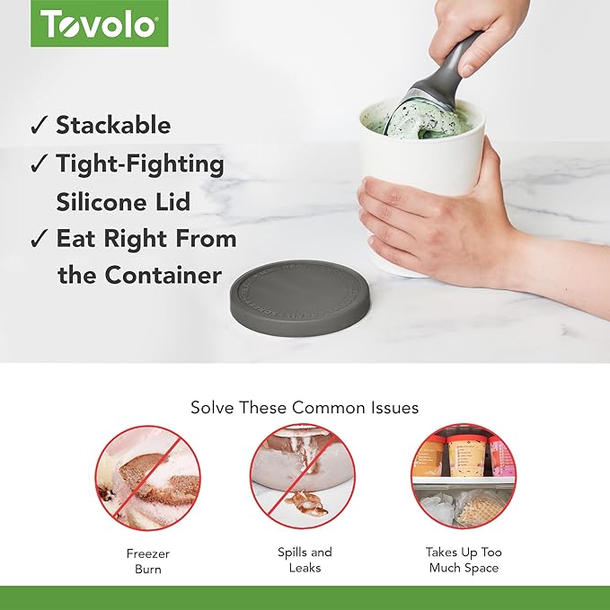 Tovolo Sweet Treat, Reusable Ice Cream Container for Homemade Ice Cream, Charcoal - 1 Quart Stackable Storage Tubs with Silicone Lids for Freezer - BPA-Free & Dishwasher-Safe