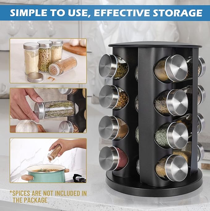 Black Countertop Rotating 16-Jars Revolving Spice Rack Organizer Tower , 135 Spice Labels with Funnel Complete Set, Seasoning Organizer for Kitchen Countertop, Cabinet