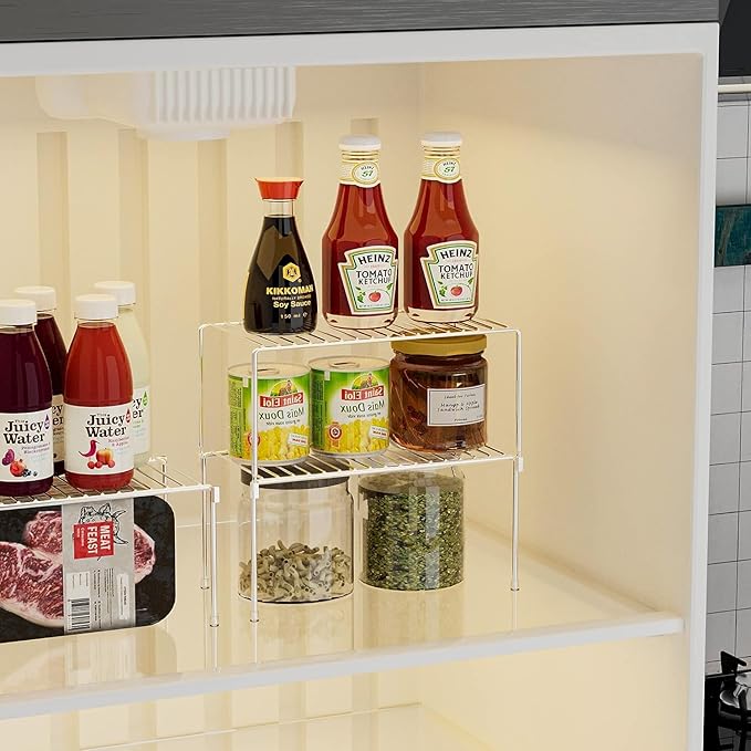 Redrubbit 4 Pack(10.6 x 5.5 Inch) Stackable Cabinet Storage Shelf Rack, Rustproof Kitchen Counter and Cabinet Shelf, Small Storage Rack Organizer for Kitchen, Fridge, Cabinet, Bathroom, Chrome