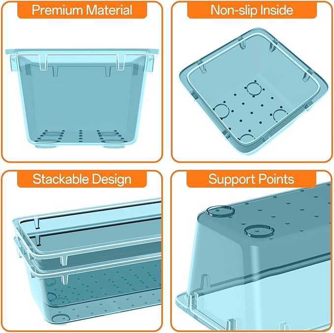 WOWBOX 32 PCS Plastic Drawer Organizer Set, 4 Sizes Desk Drawer Organization and Storage Containers for Makeup, Cosmetics, Jewelry and Gadgets in Kitchen, Bathroom, Bedroom, Office, Clear Sea Blue