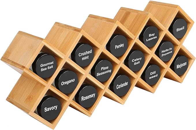 Criss-Cross 18-Jar Bamboo Countertop Spice Rack Organizer, Kitchen Cabinet Cupboard Wall Mount Door Spice Storage, Fit for Round and Square Spice Bottles, Free Standing for Counter, Cabinet or Drawers