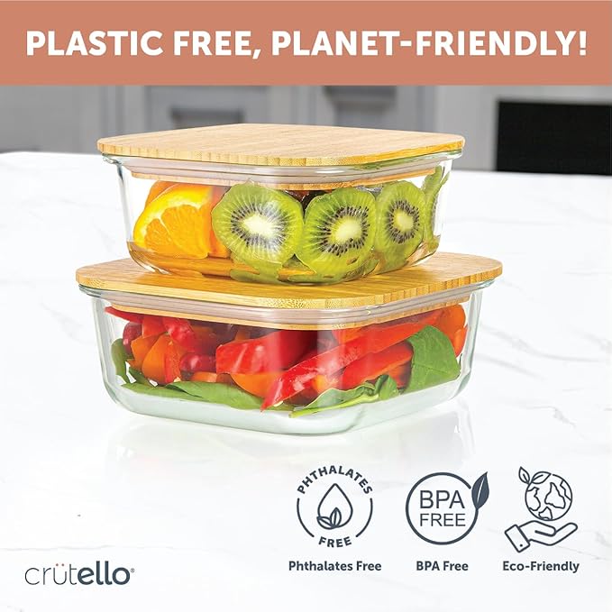 Crutello Glass Storage Containers with Bamboo Lids - Eco-Friendly Non Toxic Meal Prep Jars with Wooden Lid for Fridge and Kitchen Organization - Non Plastic Container for Fruit Bowls 2 Pack