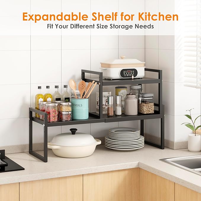 DOLALIKE Expandable kitchen Countertop Organizer, Stackable Cabinet Shelf Organizers, Space Saving Spice Rack Pantry Storage for Bathroom Office (Black, 1 Pack)