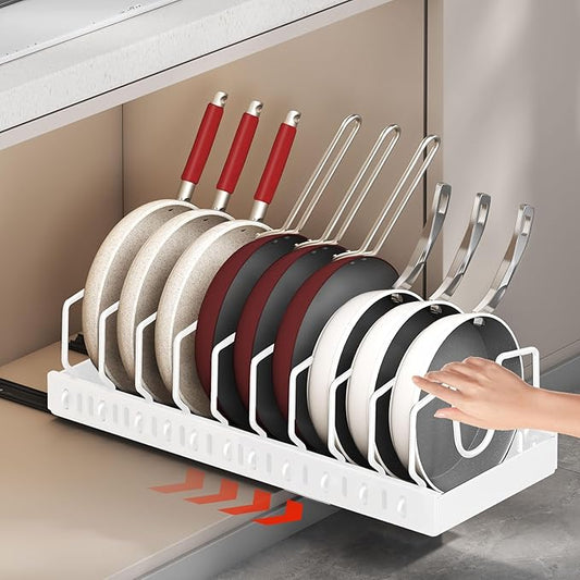 Pull-Out Pots and Pans Organizer Under Cabinet, Pot and Pan Organizers Inside Cabinet for Kitchen Cabinet Storage and Pots Storage Rack Pans Lid Dishes Holder Bakeware Organizer (white)