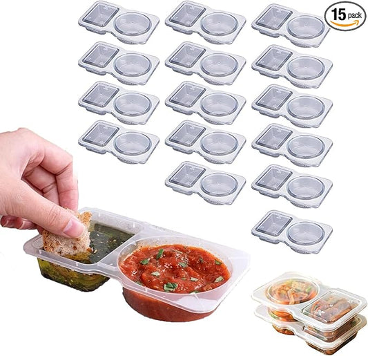 15 Set Reusable Snack Containers,2-Compartment Dipping Container with Lid,reusable Snack Pack Containers for Sauces,Refrigeration, Portion Control, Outdoor Takeaway