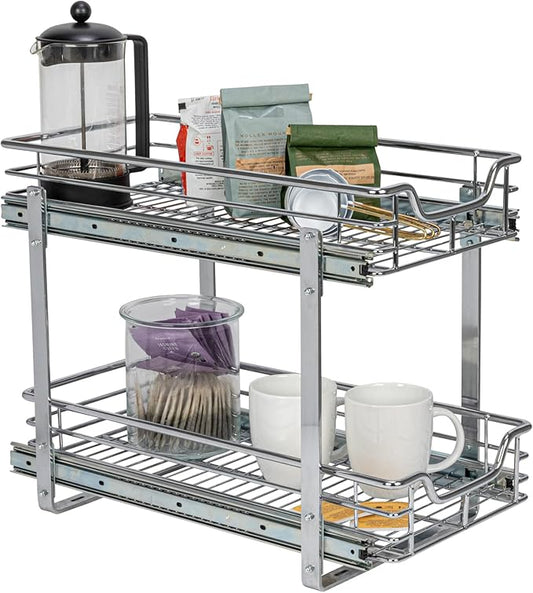 Household Essentials Glidez Slide Out Cabinet Organizer, 11.5” Wide, Durable Chrome-Plated Steel Frame,Dual Baskets & Smooth Glides,Heavy-Duty & Space-Optimizing,Simple Assembly & Installation, Chrome