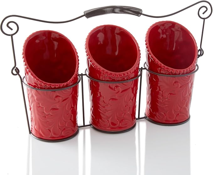 Kitchen Flatware Caddy - 3 Ceramic Utensil Holders (4" Dia x 7" H each) & 1 Wire Caddy - Red