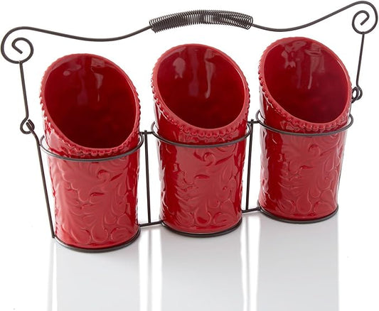 Kitchen Flatware Caddy - 3 Ceramic Utensil Holders (4" Dia x 7" H each) & 1 Wire Caddy - Red