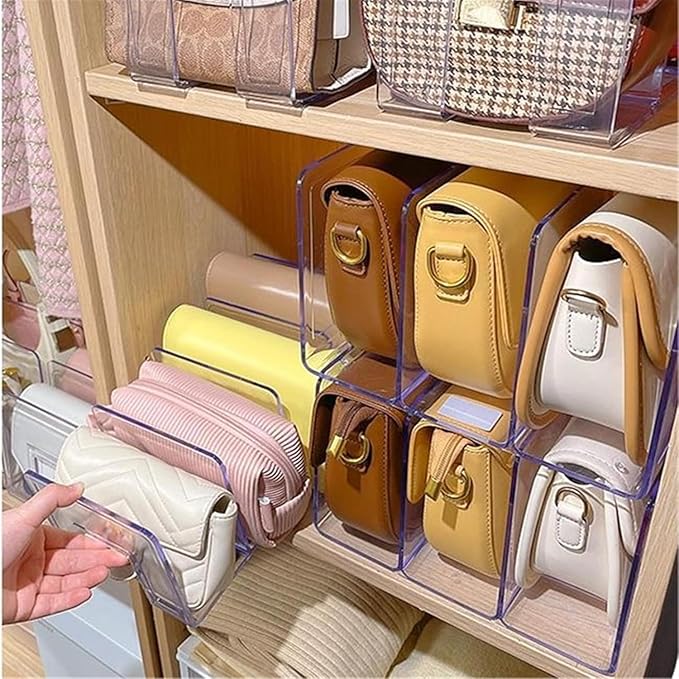 YAGELI Clear Acrylic Purse/Handbag Organizer - 3 Sections Divider for Closet Storage - Sturdy Organizer Rack for Purses, Handbags, and Clutches (4Pack-3Sections)