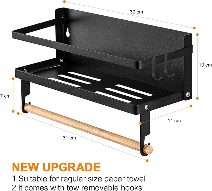 Spice Rack Magnetic Shelf, Foldable Refrigerator Magnetic Spice Holder, Wall Mounted Seasoning Organizer Hanging Spice Storage Stand with Paper Towel Holder Roll & Hooks
