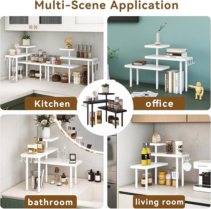 IBUYKE Countertop Organizer,3-Tier Spice Racks,Kitchen Counter Corner Shelf,4 Side Hooks,Adjustable Countertop Shelf for Kitchen, Bathroom, Coffee Bar, Cabinet, Desk,White,TLJ023W