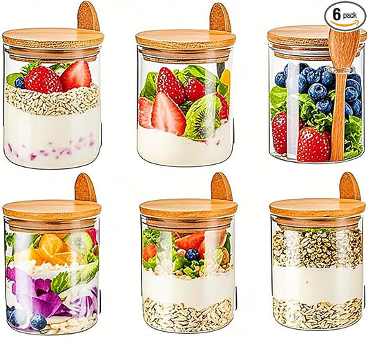 【Father’s Day Gift】6 Pack Glass Jar with Bamboo Lids, 18.5Oz Glass Containers with Airtight Bamboo Lid,100% Sealed overnight oats jars salad prep jars for Candy Coffee Beans Sugar Nuts Cookies