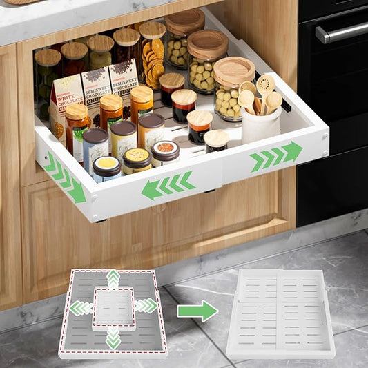 1 Pack Pull out Cabinet Organizer, Width (11"-19") Depth (16"-22"), with 3 Rails Adjustable Slide, Expandable Pullout Drawers for Cabinets, No Drill Adhesive Kitchen Drawers for Shelves