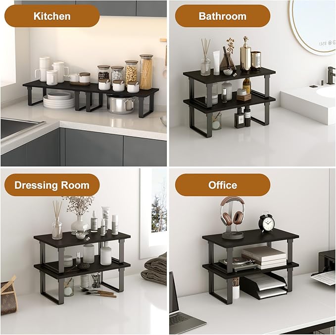 Cabinet Shelf Organizers, Set of 4 Stable Kitchen Counter Shelves, Stackable Expandable Spice Racks, Wood Anti-Slip Kitchen Organizers and Storage, Easy to Assemble, Black