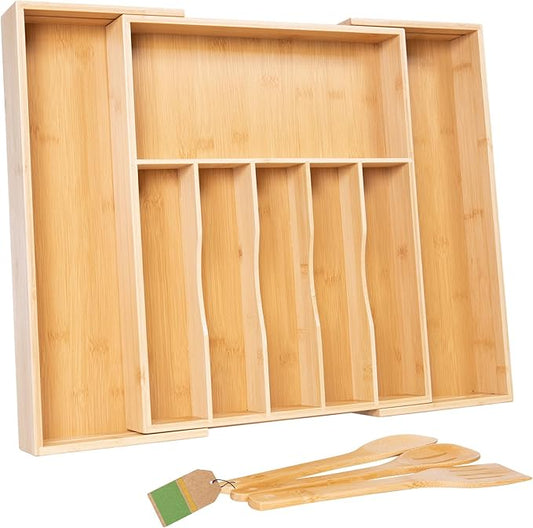 Premium Silverware, Flatware and Utensil Organizer for Kitchen Drawers. Extra Large and Expandable from 13 to 21 Inches - 8 Compartments [2.5 Inches Deep] *Bamboo Utensils Included - 100% Bamboo.