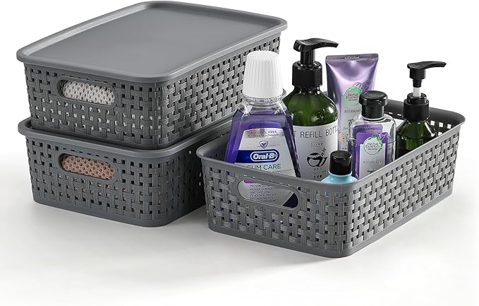 NETANY [ 8 Pack ] Plastic Storage Baskets With Lids, Small Pantry Organization, Stackable Storage Bins, Household Organizers for Cabinets, Countertop, Drawers, Under Sink or On Shelves,Gray