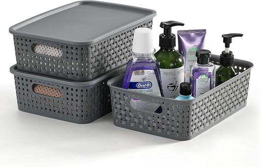 NETANY [ 8 Pack ] Plastic Storage Baskets With Lids, Small Pantry Organization, Stackable Storage Bins, Household Organizers for Cabinets, Countertop, Drawers, Under Sink or On Shelves,Gray