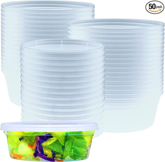 Green Direct 8 oz. Disposable Clear Deli Containers with Lids 50 Pack - Leakproof Lunch Plastic Round Freezer Food Storage Containers for Food