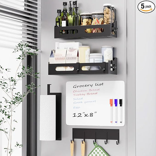 Magnetic Spice Rack for Refrigerator, 4 Pack Heavy Duty Metal Strong Magnetic Fridge Shelf with Magnet Paper Towel Holder, Hook Rack, Whiteboard, Space Saving, Black