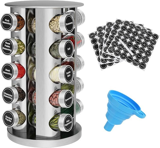 Rotating Spice Rack Organizer, Spice Tower for Countertop, Revolving Spice Rack Set for Cabinet, Silver Steel Kitchen Seasoning Organizer with 20 Jars and Funnel