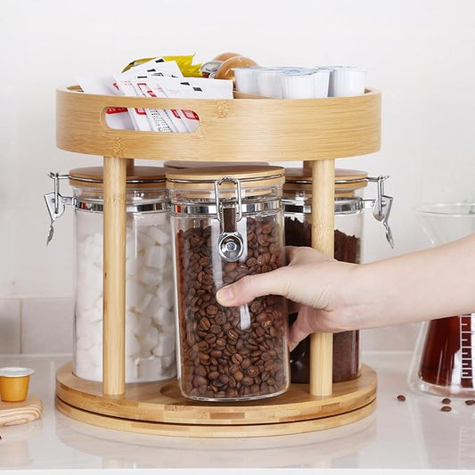 KKC HOME ACCENTS Coffee Tea Bar Accessories Organizer for Countertop,Coffee Bar Lazy Susan Organizer with 4 Airtight Glass Canisters for Countertop,2 Tier,Bamboo