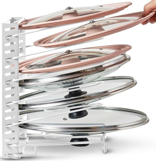 BTH Adjustable Pot Lid Organizer for Cabinet - Kitchen Storage Rack with 6 Adjustable Shelves, Pot Lid Holder, Pan and Pot Lid Storage, Perfect for Pantry & Inside Cabinet Organizer (White)