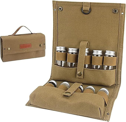 Travel Spice Kit, Portable Spice Bag with 10 Spice Jars, Canvas Seasoning Storage Bag Organizer, Seasoning Bottle Holder with Mini Condiment Bottle, Condiment Container Set for Outdoor Camping BBQ.