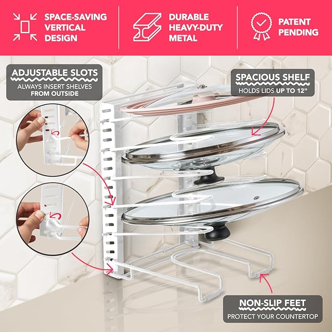 BTH Adjustable Pot Lid Organizer for Cabinet - Kitchen Storage Rack with 6 Adjustable Shelves, Pot Lid Holder, Pan and Pot Lid Storage, Perfect for Pantry & Inside Cabinet Organizer (White)