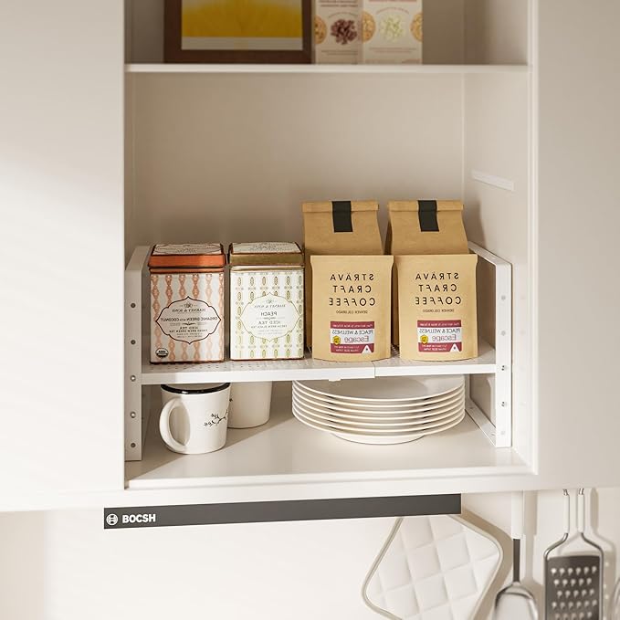 Cabinet organizer shelf,Expandable Adjustable Stackable Kitchen Organizer,Metal shelf risers for cabinets, kitchens and desks(2Packs/White/Large)