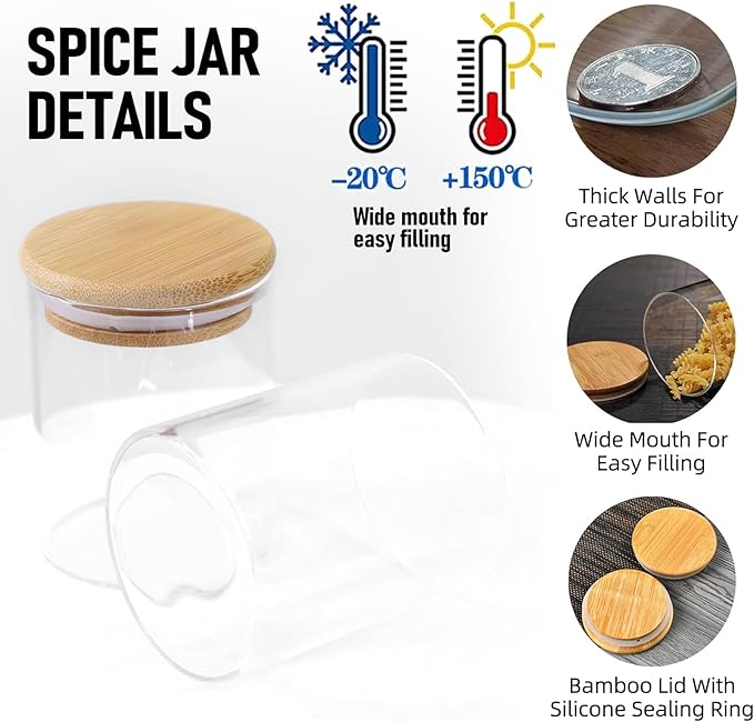 12Pcs Glass Spice Jars with Label - 6 oz Glass Jars with Bamboo Lids Square Spice Jars with Labels 148 Lables Containers with Lids Kitchen Spice Storage with Wooden Spoons