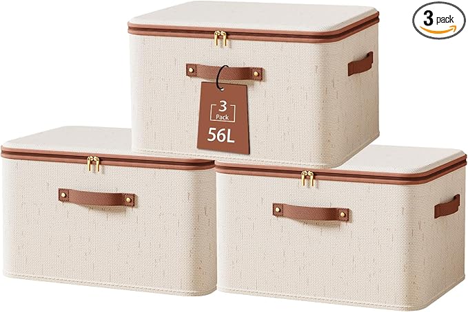 Tuza 3 Pcs Rigid Storage Bins with Zipper Lid, Cotton Linen Fabric Storage Boxes, Foldable Shelves Clothes Storage Cubes with Handles for Wardrobe, Closet(Beige, 56L)