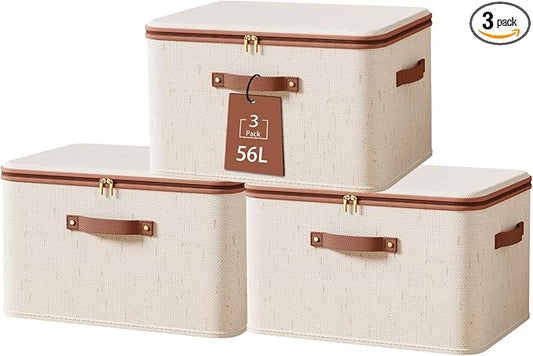 Tuza 3 Pcs Rigid Storage Bins with Zipper Lid, Cotton Linen Fabric Storage Boxes, Foldable Shelves Clothes Storage Cubes with Handles for Wardrobe, Closet(Beige, 56L)