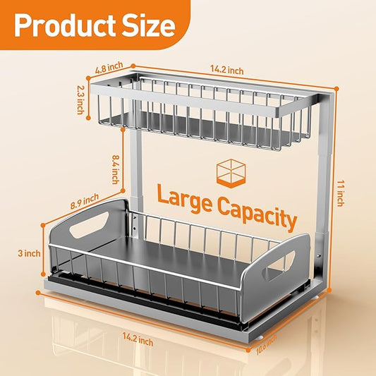 Under Sink Organizer 2 Pack,Metal Pull Out Cabinet Organizer Shelf,Kitchen Bathroom Organizers and Storage with Sliding Drawer,Storage Shelves,Storage and organization for Home,Laundry,RV,Pantry,Spice