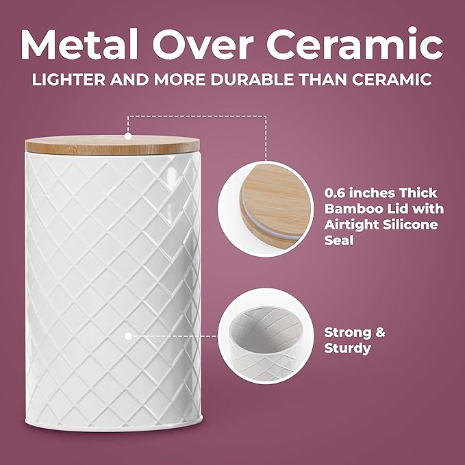 Pebble & Stem® White Metal Canister Set for the Kitchen Counter, Food Canister Set of 4, Airtight Lids, Sugar and Flour Containers for Countertops, Coffee and Tea Storage, Farmhouse Decor