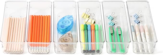 ihomecooker 6 Set Clear Plastic Junk Drawer Organizer Vanity Curlery Utensil Makeups Organizer for Kitchen 9''X 3''