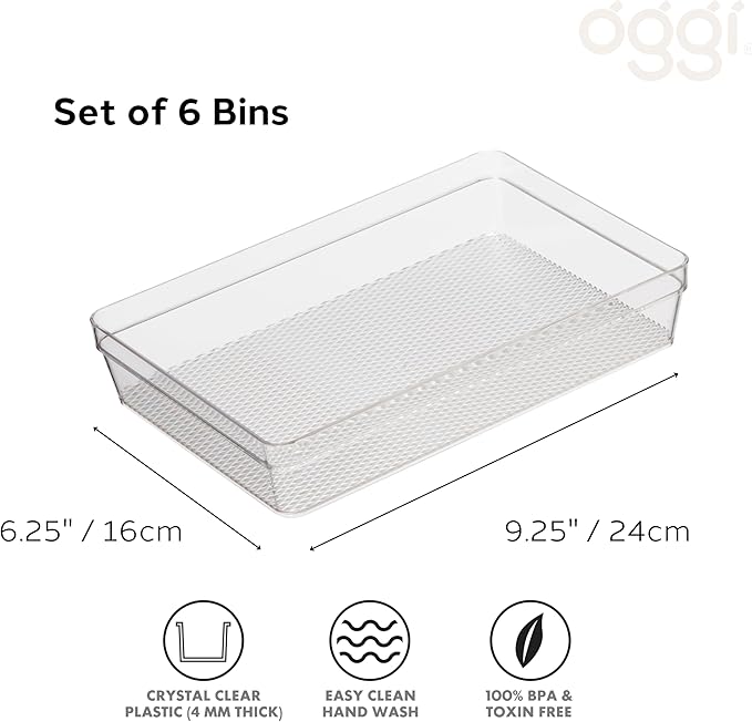 Oggi Clear Drawer Organizer - 6.25" X 9.25" (Set of 6) - Ideal for Organizing Kitchen Drawers, Office, Desk, Silverware, Kitchen Utensils, Cosmetics and Bathrooms