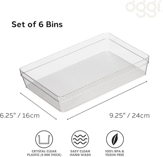 Oggi Clear Drawer Organizer - 6.25" X 9.25" (Set of 6) - Ideal for Organizing Kitchen Drawers, Office, Desk, Silverware, Kitchen Utensils, Cosmetics and Bathrooms