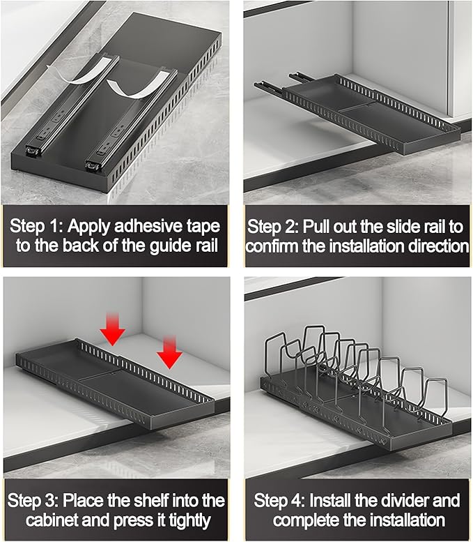 2 Pack Expandable Pots and Pans Organizer Under Cabinet, Sliding Pot Lid Holder and Pan Rack in Kitchen, Pull out Kitchen Cabinet Storage, with 10 Adjustable Dividers